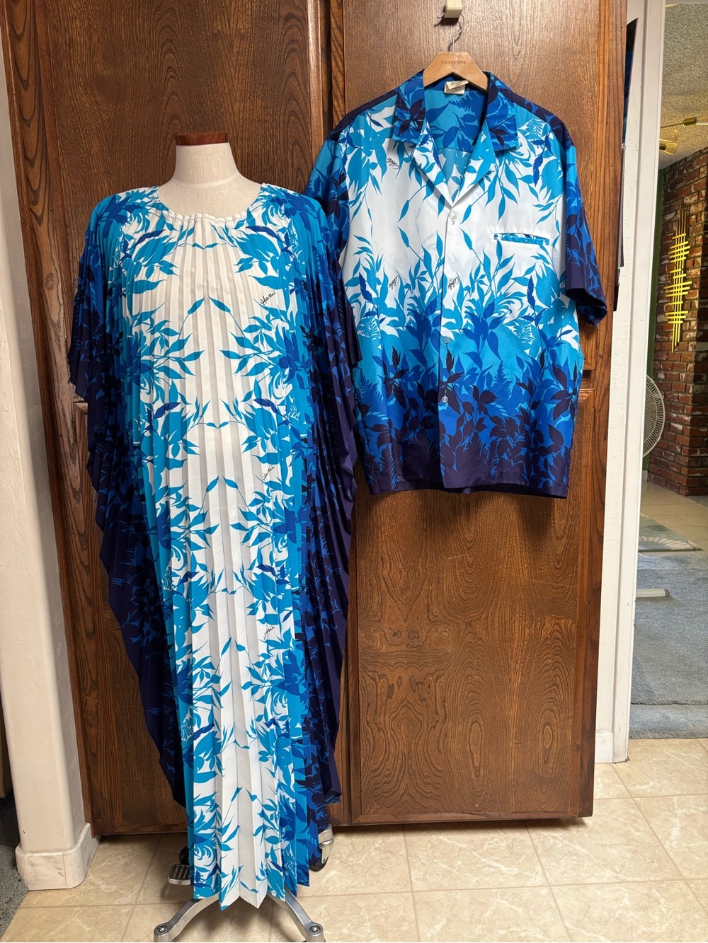 Hawaiian Blue Floral Pleated Caftan and Shirt .Honeymoon set. Him/ Hers